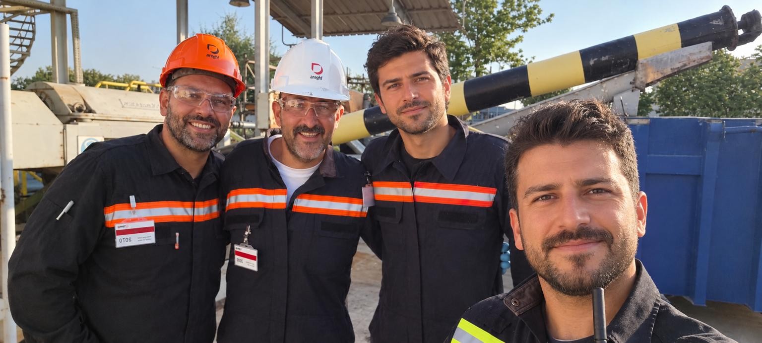 Endüstriyel sahada iş kıyafetleriyle yan yana duran dört ekip üyesi.