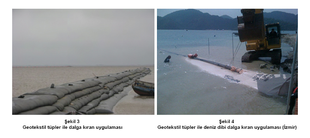Şekil 3 Geotekstil tüpler ile dalga kıran uygulaması - Şekil 4 Geotekstil tüpler ile deniz dibi dalga kıran uygulaması (İzmir)