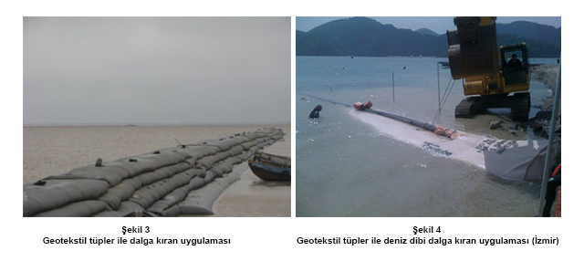 ekil 3 Geotekstil tpler ile dalga kran uygulamas - ekil 4 Geotekstil tpler ile deniz dibi dalga kran uygulamas (zmir)